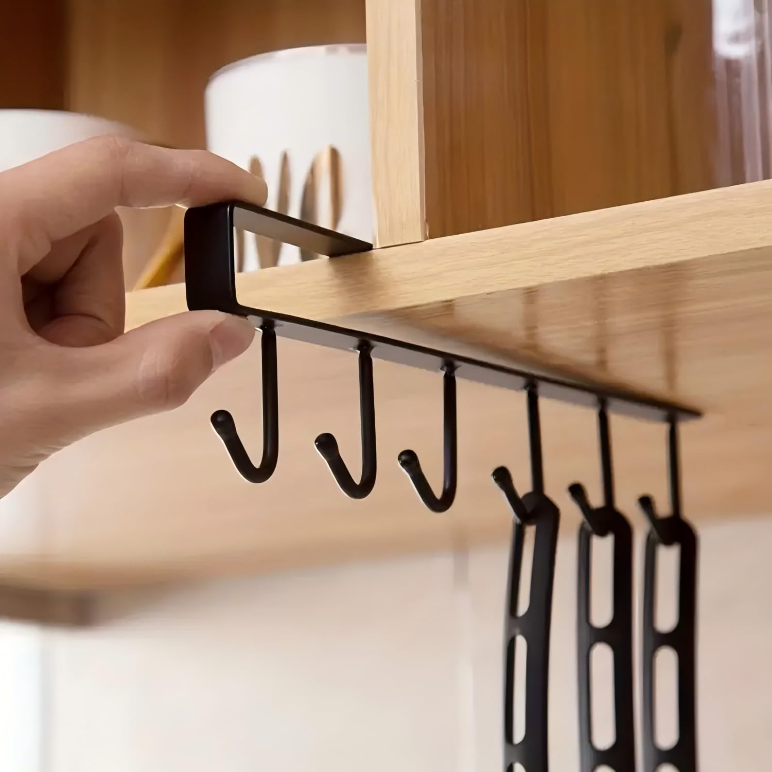 Photo 1 of Mug Hooks Under Cabinet, Mug Holder Rack Coffee Cups Holder Hanger for Kitchen Utensils/Ties Belts/Scarf/Keys Storage, Fit for 0.8 inch Thickness Cabinet or Less, Black