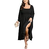 SCOMCHIC Women's Plus Size Fall Dresses Long Sleeve Square Neck Smocked Flowy A-Line Formal Wedding Guest Maxi Dress
