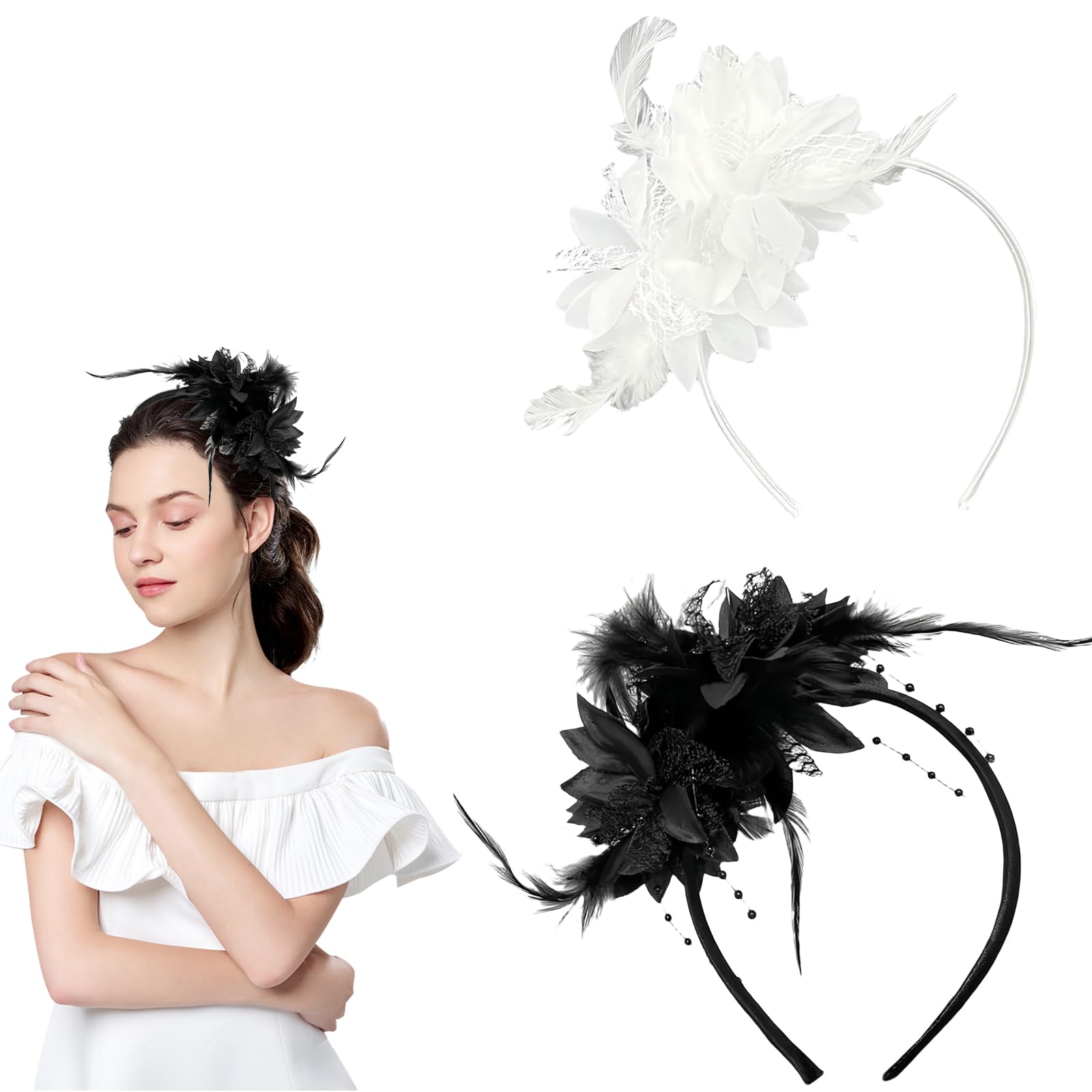 ChAusa 2-Piece Feather Headbands - 1920s White Roaring 20s Women's Hair Accessories with Artificial Flowers & Feathers for Cocktail, Prom, Tea Party Decorative Accessory (White/Black)