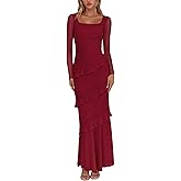 Nova In Sky Women's Wedding Guest Dress Maxi Long Sleeve Mesh Ruffle Formal Bodycon Mermaid Evening Cocktail Long Dress