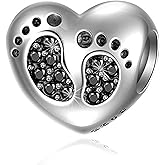 Baby Footprint Heart Charm with Jet Black Birthstone for Mother Day Bracelets - 925 Sterling Silver Mom Love Beads, Gifts for Christmas