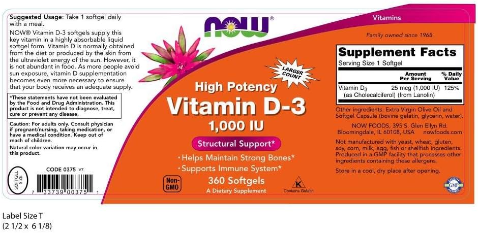 NOW Supplements, Vitamin D-3 1,000 IU, High Potency, Structural Support*, 360 Softgels: Health & Personal Care