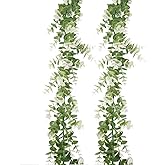 COSOKUU Artificial Eucalyptus Garland for Mantle 2 Packs Faux Vine Garlands with White Tips Greenery Garland 5.9ft Long Home Decor Table Decoration (Small Leaves)