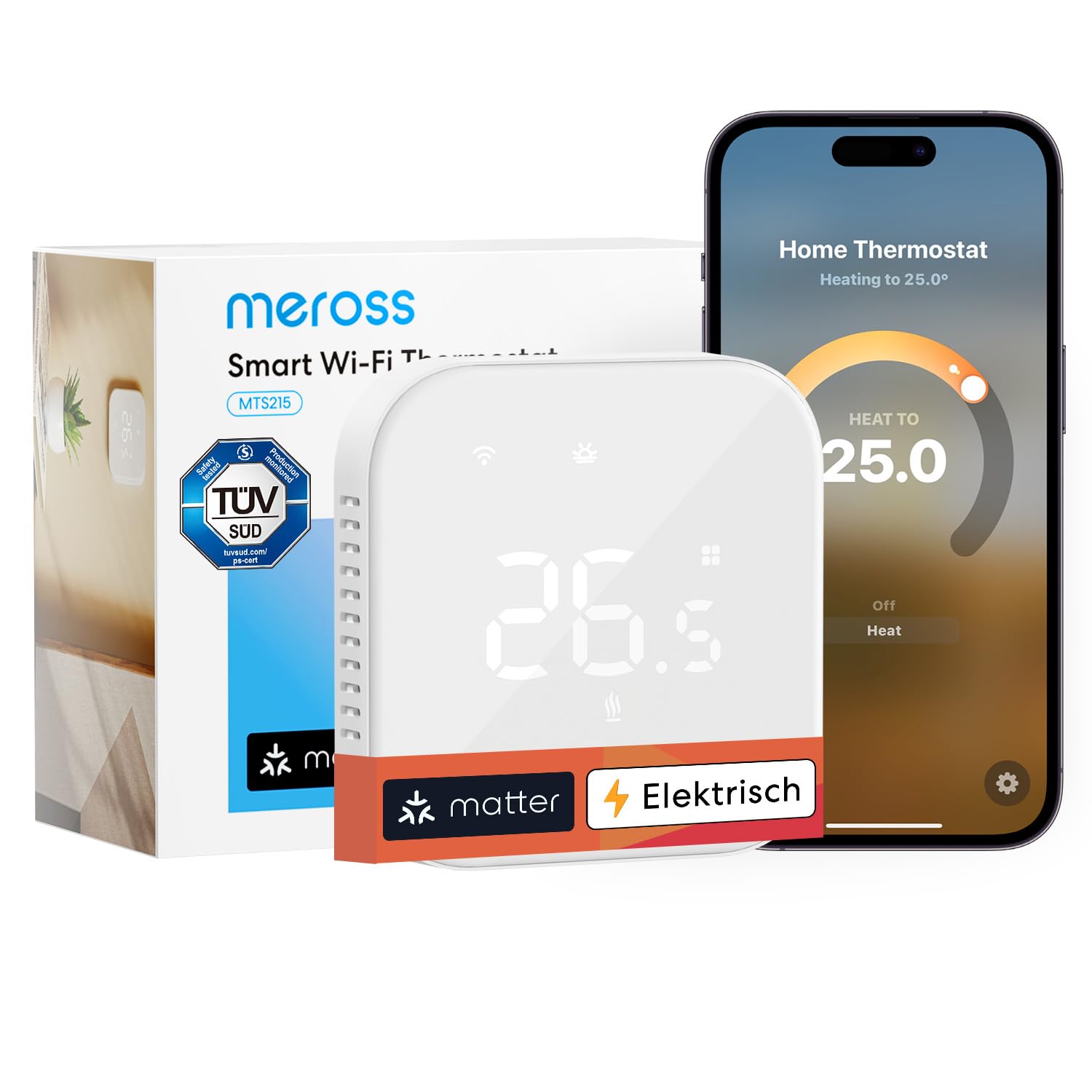 Meross Thermostat Matter Elektrische Heizungsthermostat WLAN Thermostat Heizung Smart Raumthermostat kompatibel mit Apple HomeKit, Home Assistant, Alexa und Google, Sprachsteuerung und Zeitplan