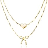 MBW Bow Necklaces for Women Trendy, Dainty Layered 14K Gold Plated Cute Bow Pearl Heart Pendant Choker Necklace Stack Love Choker Waterproof Fashion Jewelry Set Gift for Women Mom