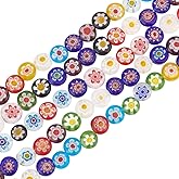 PH PandaHall 260Pcs 8mm Assorted Lampwork Beads Millefiori Lampwork Glass Beads Loose Bead Flat Round Spacer Bead for Necklace Earrings Jewelry Making 16"