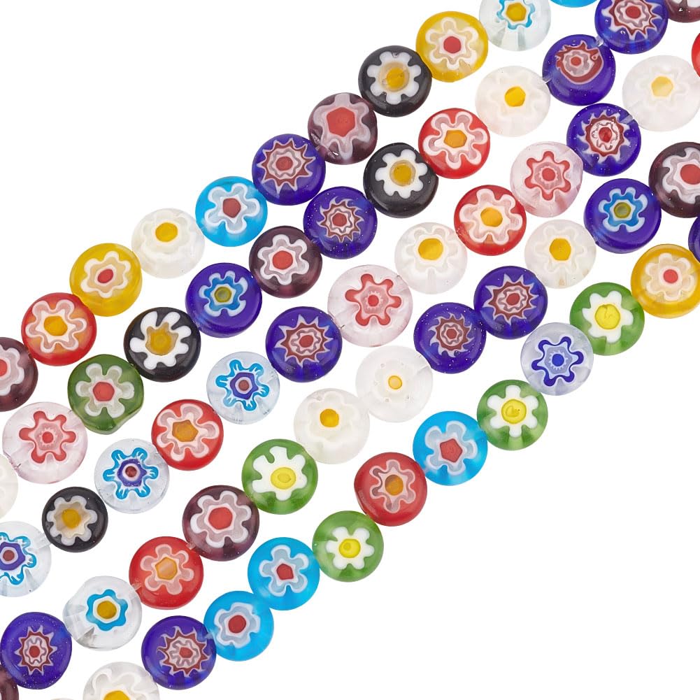 OLYCRAFT 260Pcs 8mm Assorted Lampwork Beads Millefiori Lampwork Glass Beads Loose Bead Flat Round Spacer Bead for Jewelry Making 14~15 Inch