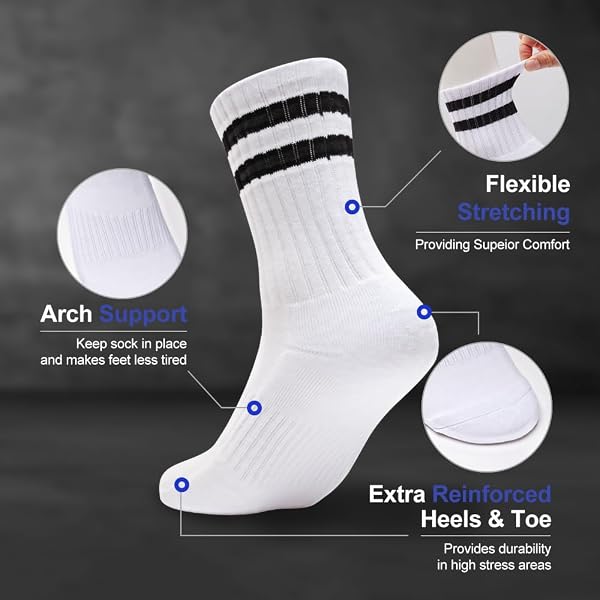 MARRON SMITH 6 PAIRS WOMEN’S AND MEN’S ATHLETIC CUSHIONED STRIPED CREW SOCKS WHITE MEDIUM
