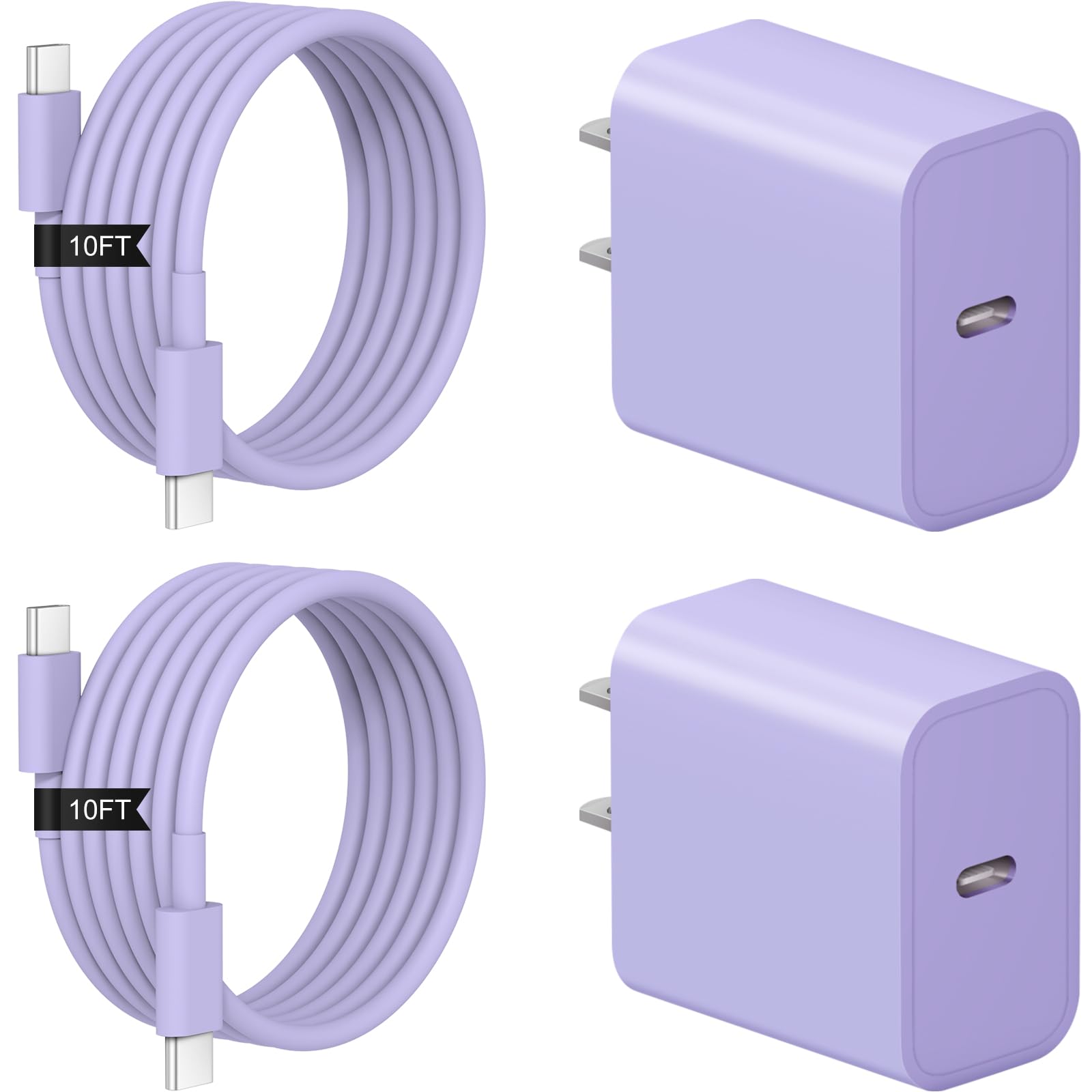 iPhone 17 16 15 Charger Fast Charging 2+2Pack 20W USB C Wall Charger with Extra Long 10FT Fast Charging Cable Compatible with iPhone 17/17 Air/17 Pro/17 Pro Max/iPhone 16/15 Series, iPad Pro -Purple