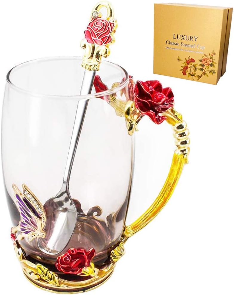 Glass Tea Mug with Spoon, Lead Free Handmade Enamel Rose Flower and Butterfly Clear Glass Coffee Cup, Unique Christmas Birthday Gift Ideas for Mom Women Grandma Female Friend 12oz