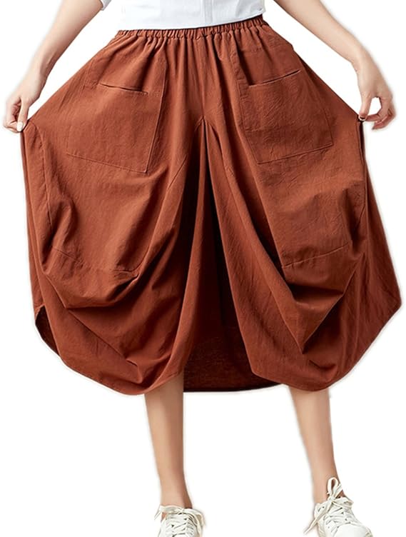 Amazon レディース スカート ワイドパンツ風 フリーサイズ ゴム ウエスト 着痩せ 春 夏 ボトム３０代 大人 カジュアル ゆったり コットンロングスカート ブラウン カプリ クロップトパンツ 通販