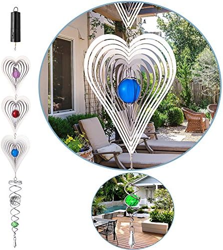 3D Whirligig Wind Spinners with Rotating Motor Sparkling Crystals Ball Hooks Set, Battery Operated Hanging Metal Spiral Spinner for Kids Women Valentines Day Gift Indoor Outdoor Decorations (Heart)