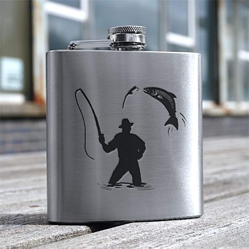 Polished Stainless Steel 6oz Hip Flask Engraved with Fisherman