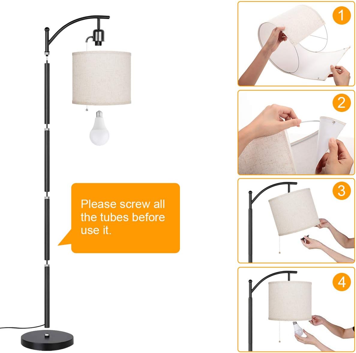 JOOFO Floor Lamp, Living Room Floor Lamps, Reading Standing Light with Hanging Lampshade, 9W LED Light Bulb and 3 Color Temperatures Floor Lamp for Living Room, Bedrooms, Office (Black) - - 