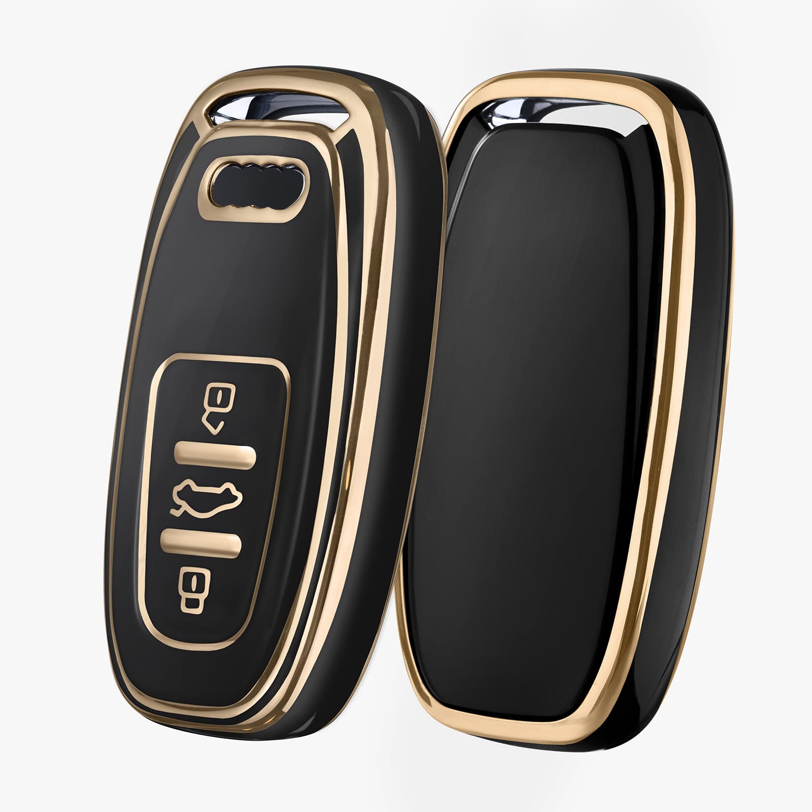OATSBASF Car Key Cover Compatible with Audi,Suitable for Keyless Operation Keys Audi A4 A5 A6 A7 Q5 Q7 Q8 RS SQ TPU Silicone 3 Buttons Case Box (Black-Golden Edge)