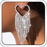 Earent Rhinestone Heart Earrings Silver Fringe Dangling Jewelry for Women