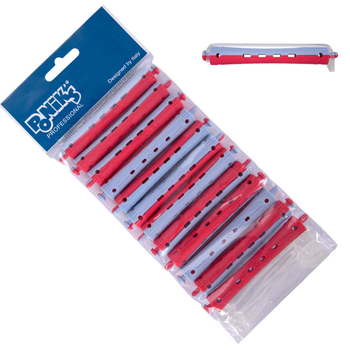 Ponik's Perm Rollers, Hair Rollers for Perm Set - 11 mm - 12 Pieces - Cold Wave Curlers with Round Rubber Tabs, Blue Red