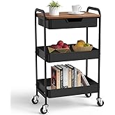 Aratan 3 Tier Rolling Cart with Drawer, Metal Utility Cart on Wheels Storage Cart with Wood Top, Kitchen Cart Art Cart Organi