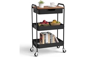 Aratan 3 Tier Rolling Cart with Drawer, Metal Utility Cart on Wheels Storage Cart with Wood Top, Kitchen Cart Art Cart Organizer for Bathroom Office Balcony Living Room