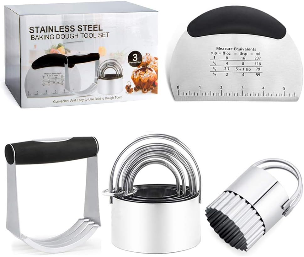 DoublerichardDoublerichad 8 In 1 Baking Dough Tool Pastry Utensils Set 1*Dough Blender 1*Pastry Scraper 5 *Circle+1* Fluted Edge Biscuit Cutter with Stainless Steel (Silver)
