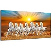Seven Running White Horse Animals Canvas Painting Wall Art Picture for Office Decorating Study Room Decoration Entrance Horse Wall art Framed 10x20inch