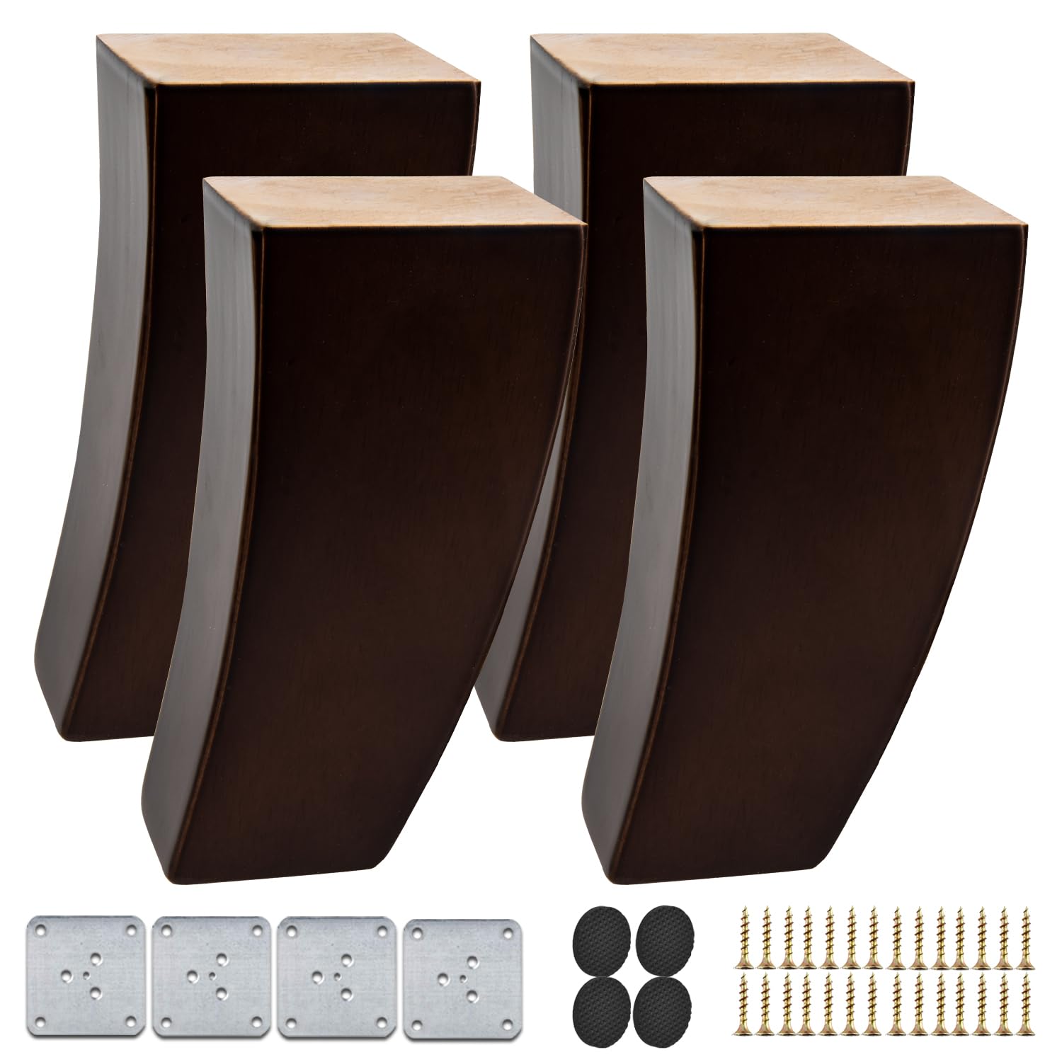 TCHOSUZ 8 inch / 20cm Wooden Furniture Legs, Set of 4 Mid Century Modern Solid Wood Walnut Curved Pyramid Square DIY Replacement Feet for Sofa Couch Armchair Bed Recliner Riser