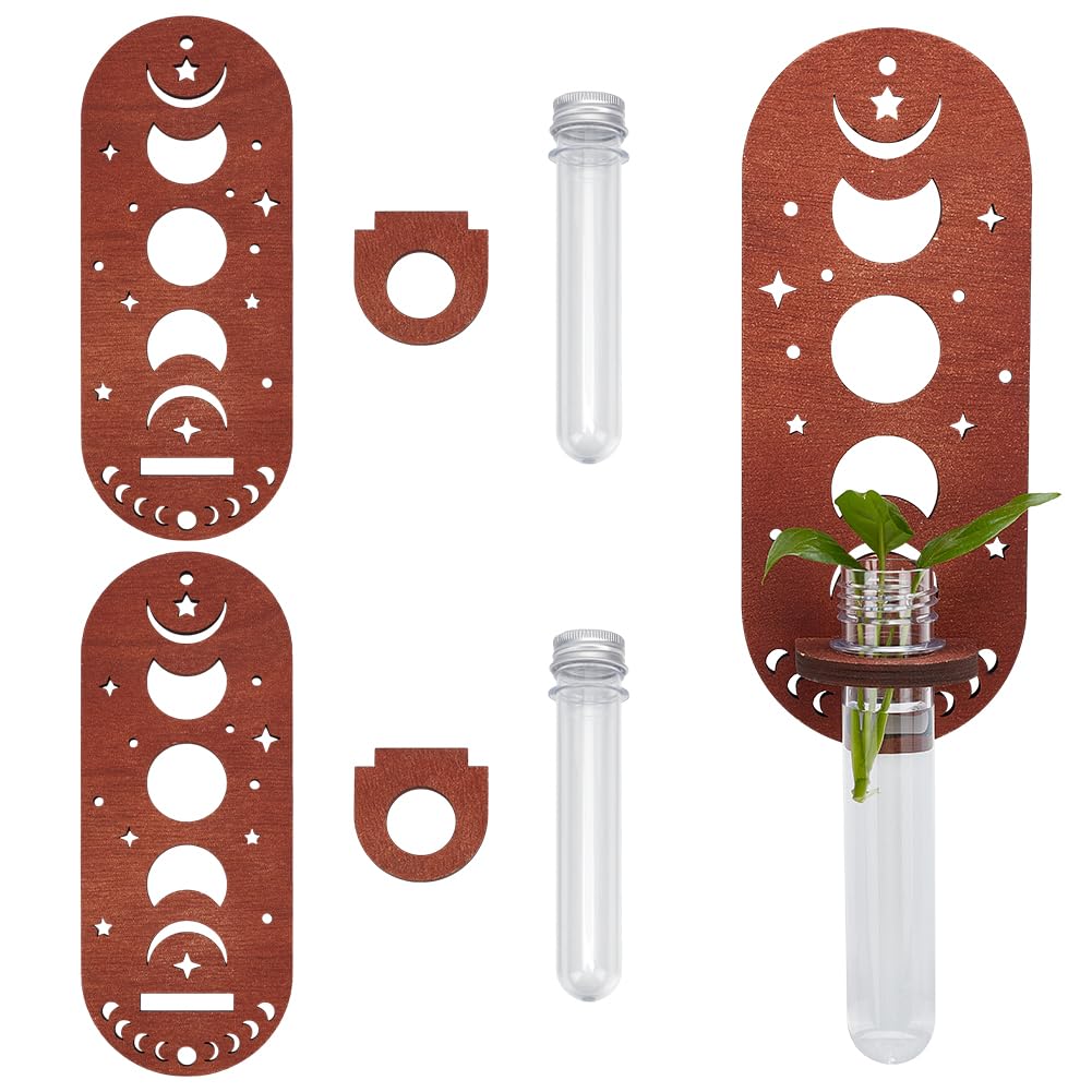 MAYJOYDIY 2 Set Wooden Moon Phase Design Hanging Plant Propagation Stations Plant Holder Decorative Glass Terrarium Test Tube Propogation Vase for Home Office Decor Garden Plant Supports