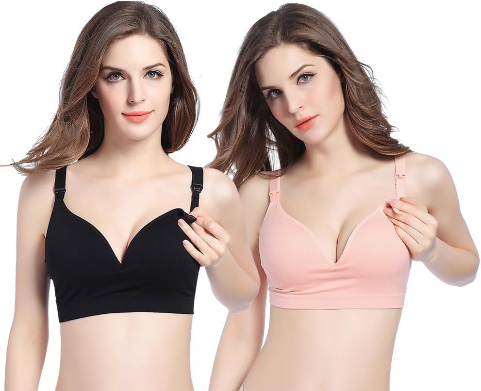 Women's Maternity Nursing Bra Padded Wirefree Seamless Push Up Sleep 2-Pack Bras , 2-pack(Black&Rose) , L(Fit for 34C 34D 36C 36D 40A 40B)