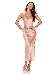 Women's Spaghetti Strap Midi Satin Silk Dresses