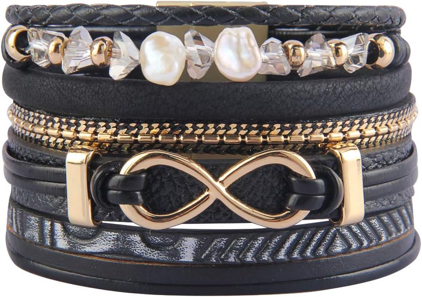 Heart Leather Cuff Bracelet Multi Strand Wrap Around Bracelets Magnetic Boho Bangle Bohemian Jewelry Gift for Women, Mother, Wife, Sister, Lover