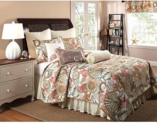 Brushed Ashore Beach House Coastal Full Queen Size Quilt Only Coral Seashell Starfish Tropical Cotton!