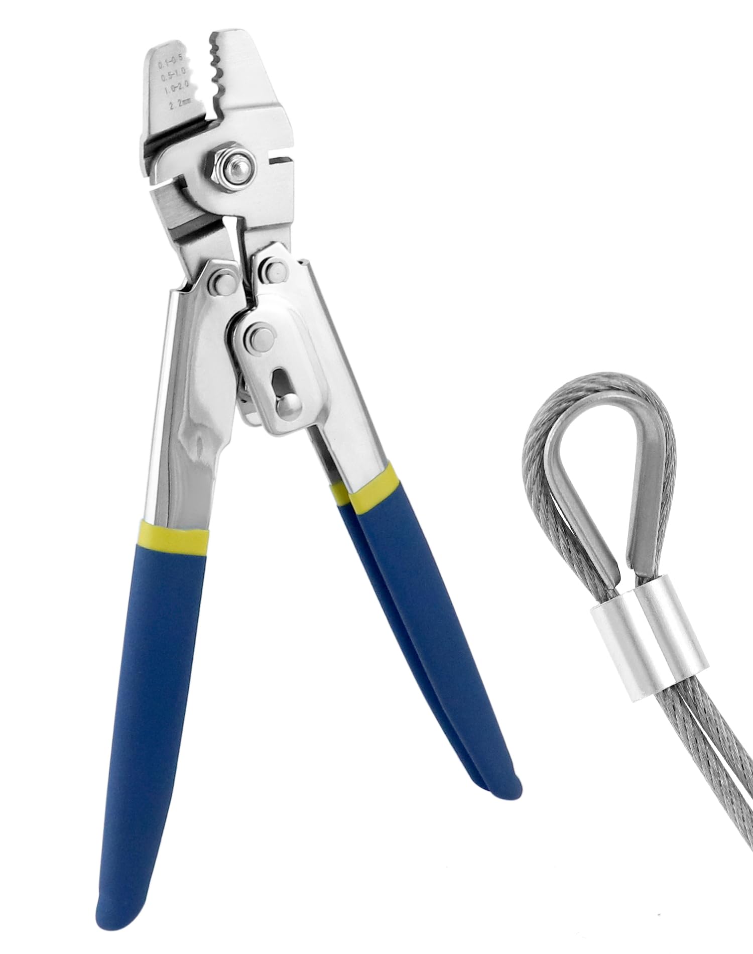 QWORK® Stainless Steel Wire Rope Crimping Pliers, for Crimping Wire Cable, up to 2.2 mm, with Non-Slip Handles and Cutting Function