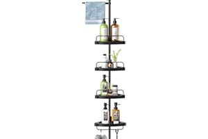 HAMITOR Corner Shower Caddy Tension Pole: Adjustable 55 to 122 Inch 4 Tier ABS Baskets Shower Organizer-Standing Stainless St