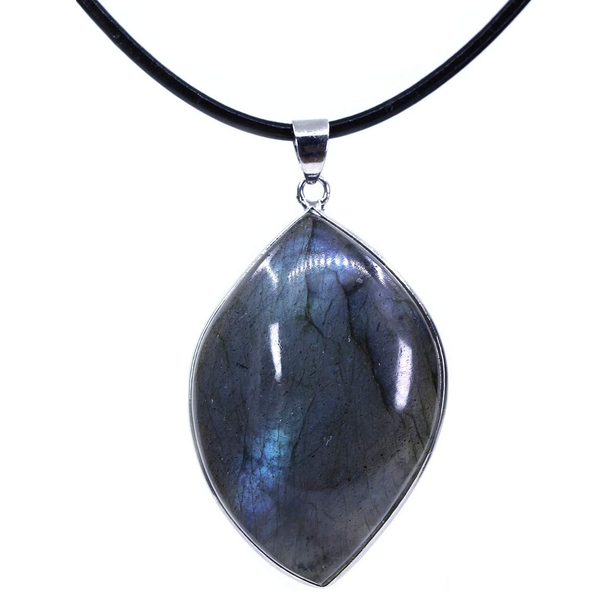 CHENYUE Natural Labradorite Gemstones Leaf Shape Fashion Pendant Genuine Leather Necklace 18 Inch