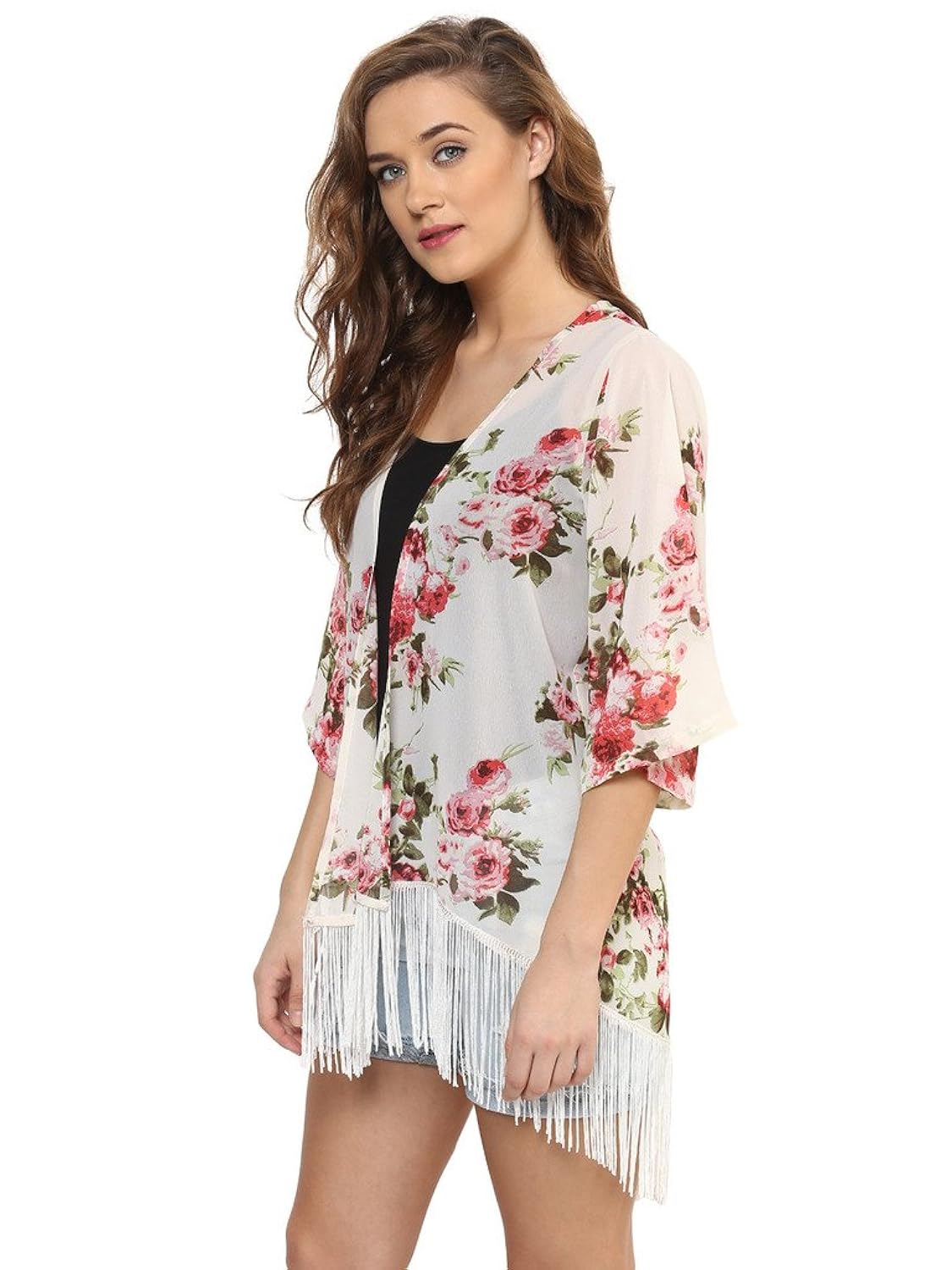 purys printed floral ivory fringe kimono