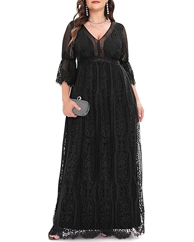 Women Plus Size Maxi Black Long Lace Boho Wedding Guest Bohemian