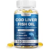 Cod Liver Oil 180 Softgels, 1,000mg Per Serving Wild-Caught Icelandic Cod | Omega 3, Vitamins A &amp; D3, EPA, DHA | Cod Liver Oil Supplement Non-GMO, Third-Party Tested for Heart, Brain &amp; Immune Support