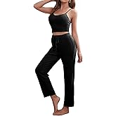 Velius Women Waffle Knit 3 Piece Pajama Sets Cami Top Loose Pants with Long Sleeve Cardigan Loungewear Lounge Set