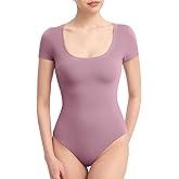 PUMIEY Women's Scoop Neck Short Sleeve Bodysuit Slimming Fit Body suit Top Smoke Cloud Pro Collection