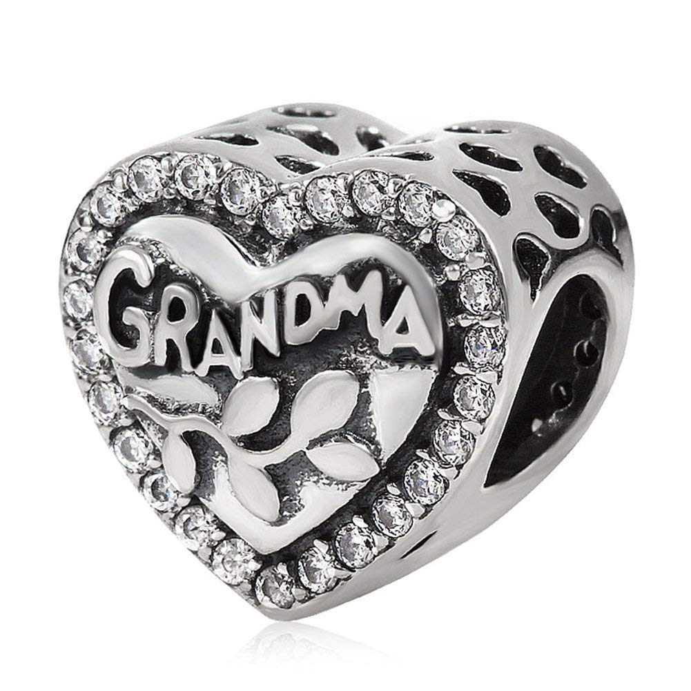 925 Sterling Silver Grandma Charm Family Charm My Love Charm Heart Charm Flower Charm for Pandora Charm Bracelet (A)