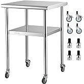 VEVOR Stainless Steel Prep Table, 24 x 24 x 36 Inch, 600lbs Load Capacity Heavy Duty Metal Worktable with Adjustable Undershe