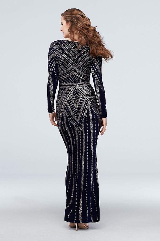 long sleeve glitter print sheath gown