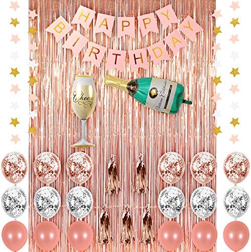 Rose Gold Birthday Party Decorations supplies, Champagne Balloon Party Set, Pink Happy Birthday Bunting Banner, Rose gold Metallic Foil Fringe Shiny Curtains,Confetti Balloons for Party (Rose Gold)