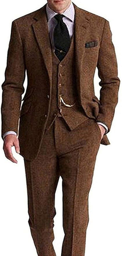 Amazon Co Jp メンズ レトロ ブラウン グレー チャコール グリーン ツイード スリムフィット 新郎 タキシード プロム ブレザー ヴィンテージ ウェディング 3ピース スーツ Us サイズ Xx Small カラー ブラウン 服 ファッション小物