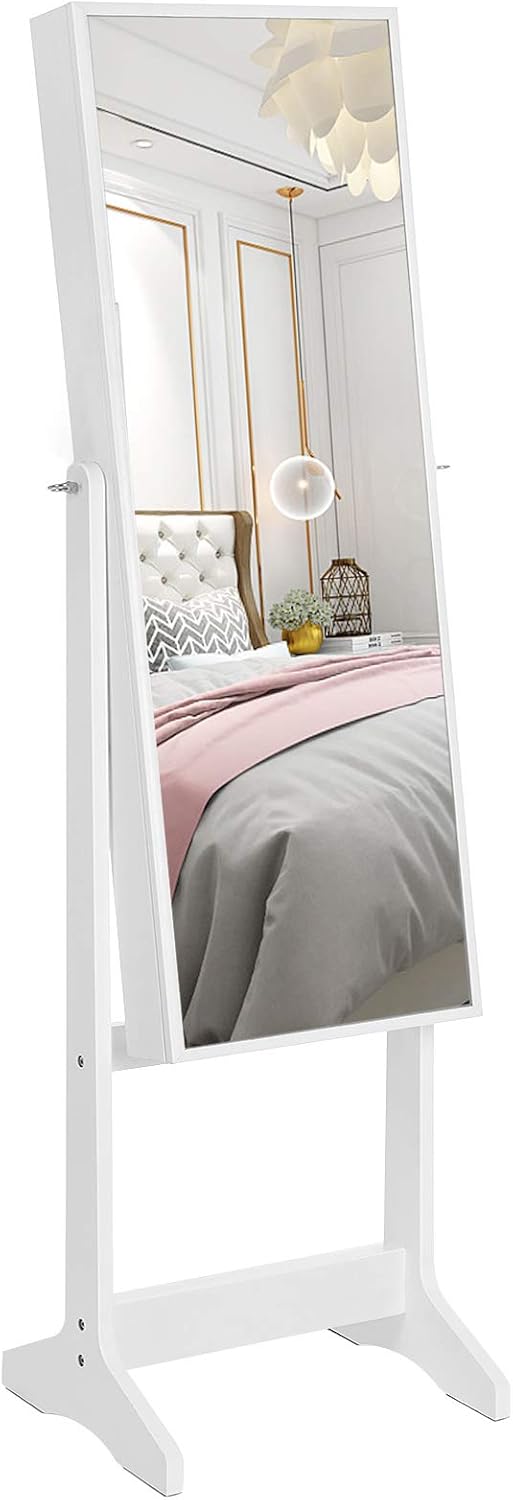 SONGMICS Mirror Jewellery Cabinet Armoire, Standing Full-Length Mirror, Lockable Jewellery Organiser, Gift Idea