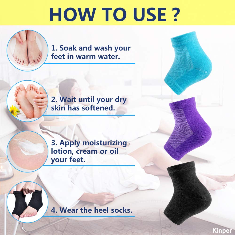 Moisturizing Socks, 3 Pairs-Moisturizing/Gel Heel Socks for Dry Cracked Heels, Open Toe Socks, Ventilate Gel Spa Socks to Heal and Treat Dry, Gel Lining Infused with Vitamins (Blue, Purple, Black) : Beauty