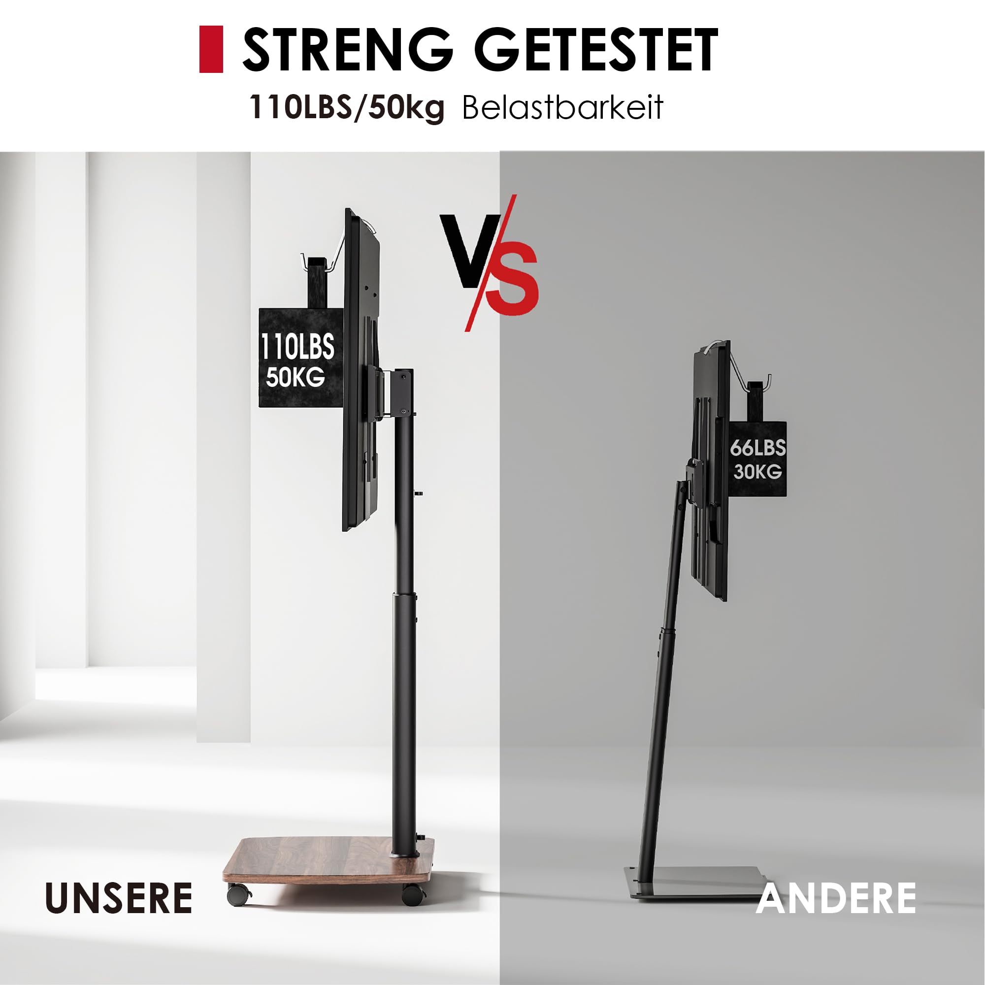 AOKCOS TV Bodenständer Rollbar mit Holzregal, TV Ständer mit Rollen für 43-75 Zoll Flach & Curved Fernseher bis 50kg, Höhenverstellbar Schwenkbar Fernsehstand, Max.VESA 600x400mm 8