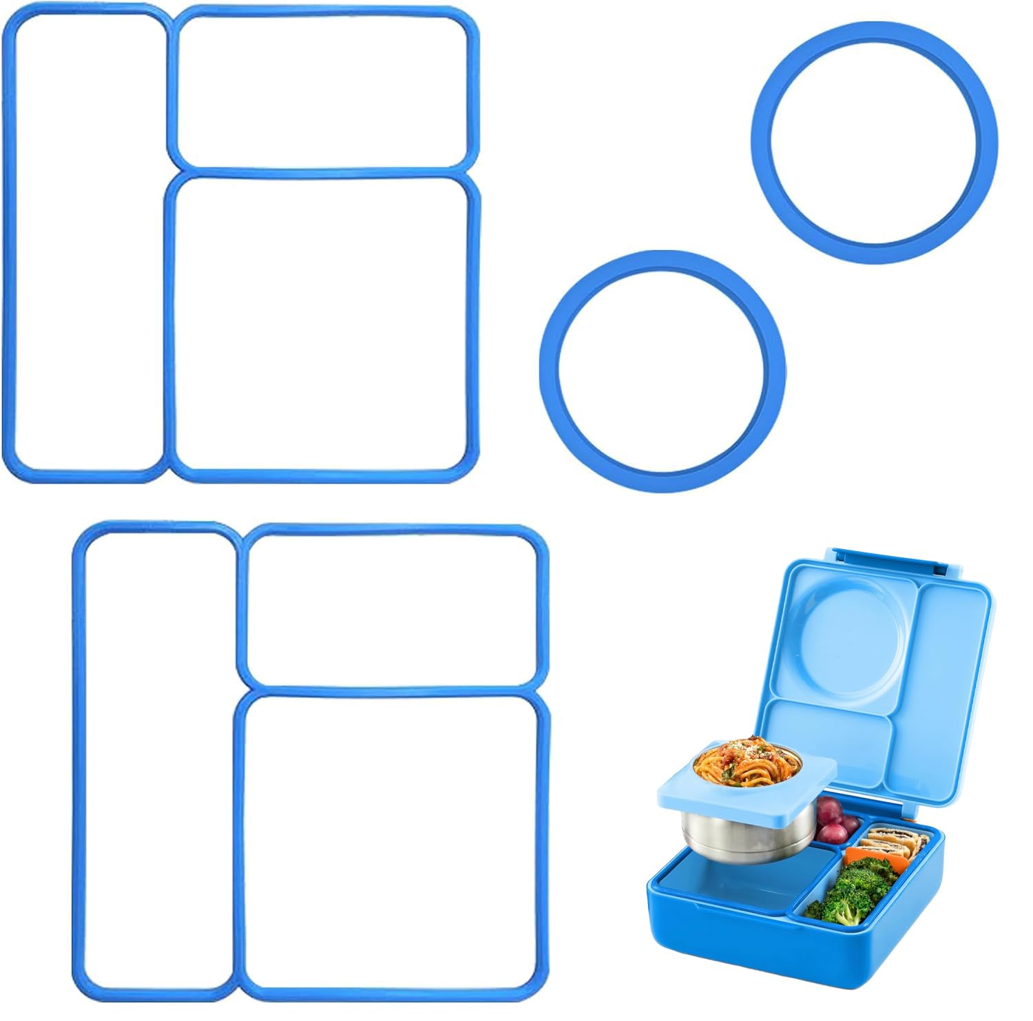 Photo 1 of **MISSING 2 PARTS**
4 pack Lid Seal Gasket For OmieBox,Fit Seal Replacement for Kids Bento Box,Made from Food-Safe Silicone Rubber,Essential Lunch Bento Box Accessories for Kids,Ensures Leak-Proof Freshness(Blue)