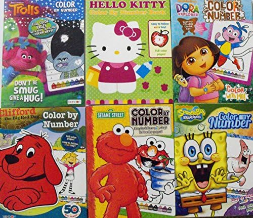 Color By Number 6 Coloring Book Bundle. Trolls Hello Kitty Dora The Explorer Clifford The Big Red Dog Sesame Street Spongebob Squarepants