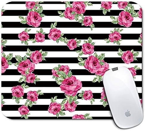Personalized Rectangle Mouse Pad, Printed Stripe Pink Flower Pattern, Non-Slip Rubber Comfortable Customized Computer Mouse Pad (9.45x7.87inch)